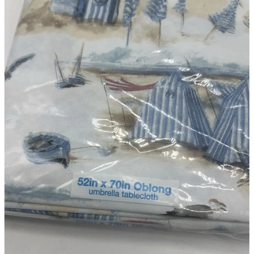 Vinyl Tablecloth Summer Fun Umbrella Zipper Closure 52x70 Oblong Beach Scene New